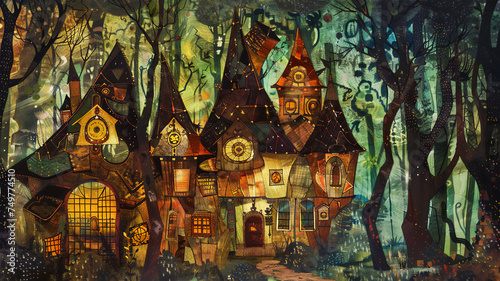 Bright wooden house built from various flat painted shapes, architectural exposition, in deep forest, oil ink. Generative AI © Yuriy Maslov