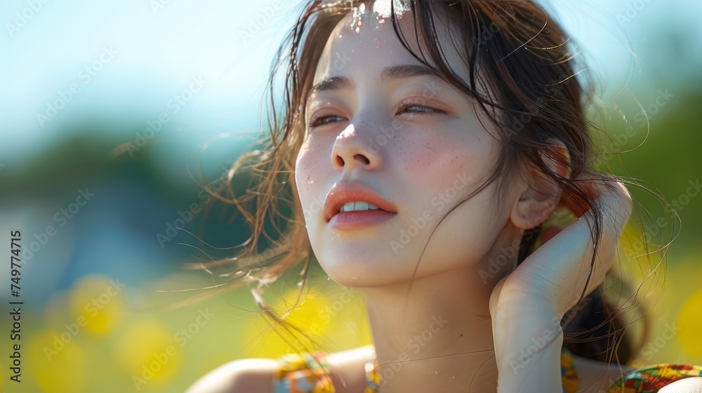 Asian woman scratching an itchy area that is sweating from hot weather