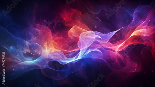 Vibrant, ethereal smoke waves in a cosmic dance, illuminated with mesmerizing colors against a dark, starry background