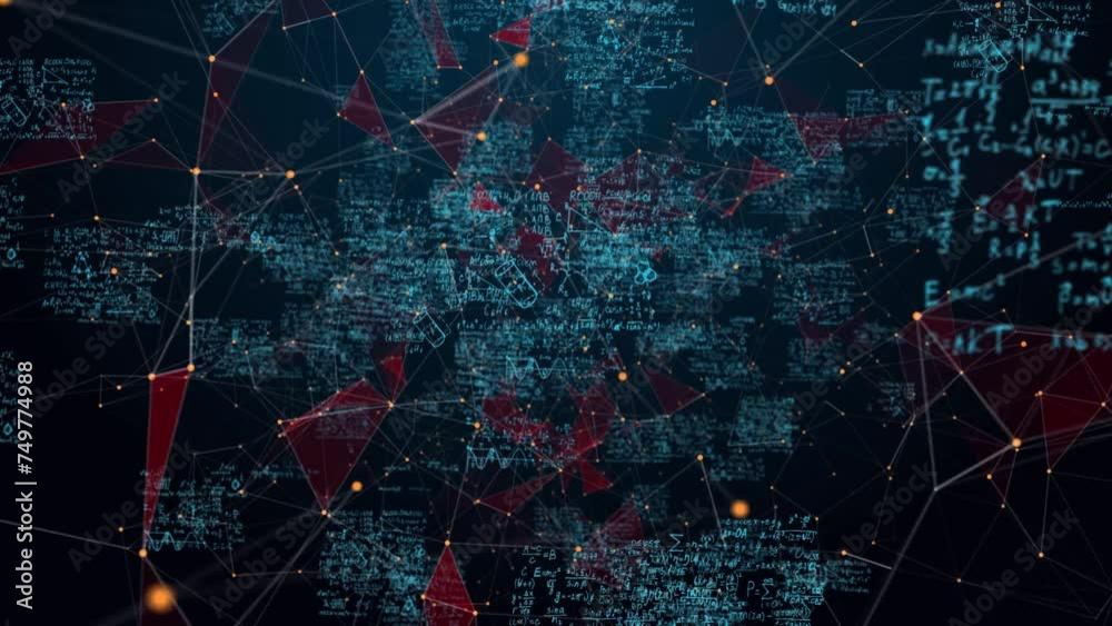camera movement in digital space with animation of algebraic, physical and chemical formulas and cheat sheets, animation of handwritten educational notes, learning process, animated digitalization