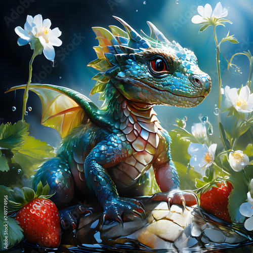 The image of a close-up of a cute, vivid strawberry and mint frozen transparent dragon baby sitting on a rock is truly enchanting. The dragon baby is so tiny and detailed, with its bright colors and s photo