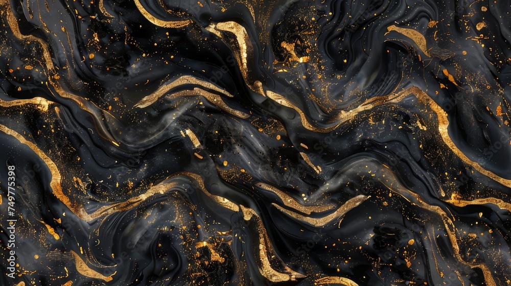 golden swirls on black marble background - obrazy, fototapety, plakaty 