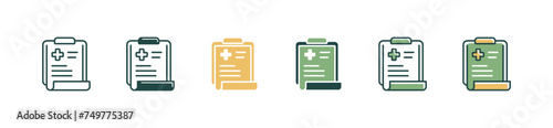 prescription medical check-up report icon set with clipboard patient health treatment record analysis vector illustration