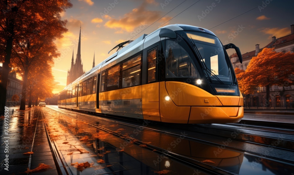 Fototapeta premium an electric tram gliding along its tracks in an urban setting 