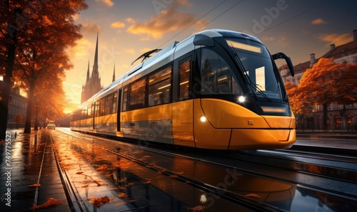an electric tram gliding along its tracks in an urban setting  photo