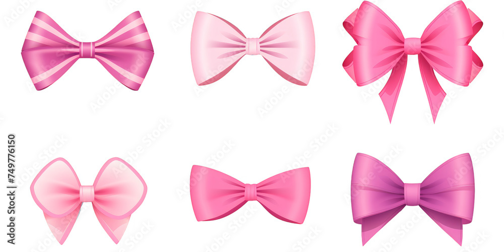 flat art collection of pink bow and ribbon isolated on a white ...