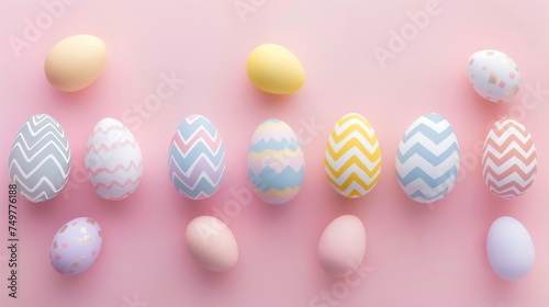 A soothing, minimalist display of Easter eggs adorned with zigzag and patterned designs in a soft pastel palette on a gentle pink canvas, evoking springtime serenity.