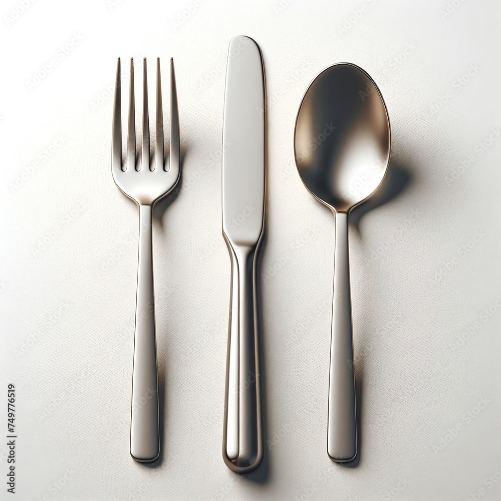 a fork, knife, and spoon, placed against a plain background