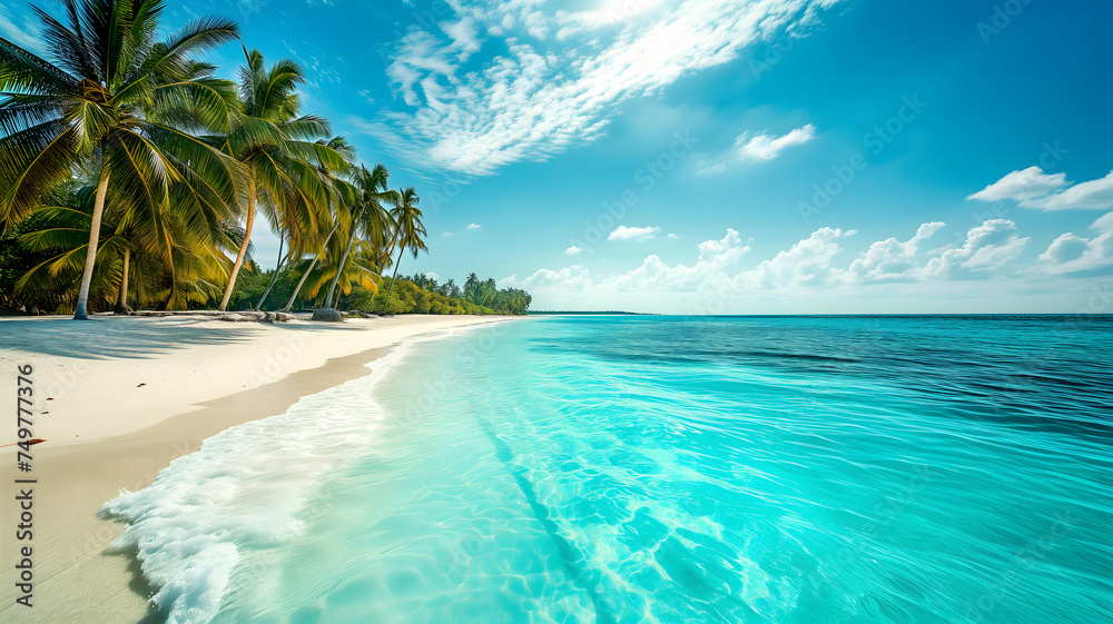 tropical beach view at sunny day with white sand, turquoise water and palm tree. Neural network generated image. Not based on any actual scene or pattern.