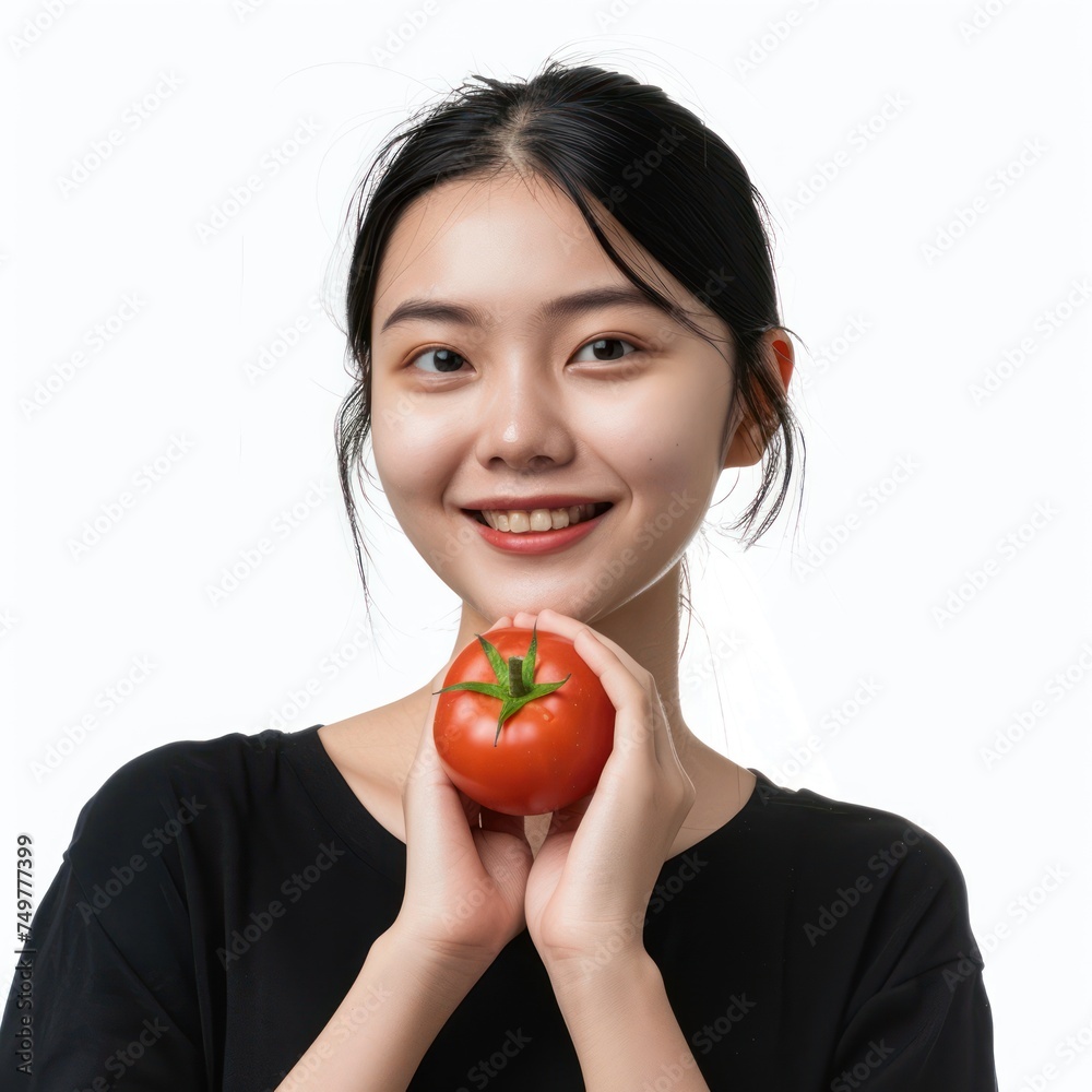 Asian woman holding a tomato. Follows a diet. Isolated background Asian woman holding a tomato. Follows a diet. Isolated background