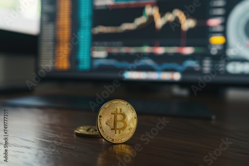 Bitcoin lying on the table against the background of a currency chart on the monitor. Modern trading photo