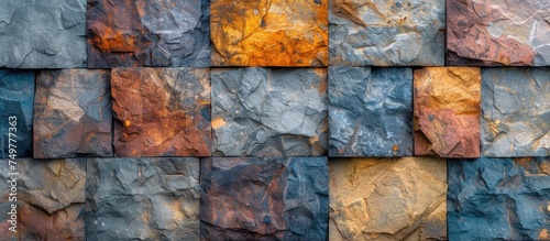 This close-up showcases a durable stone wall with various colors blending seamlessly. The rugged texture and intricate hues create a striking visual effect. photo