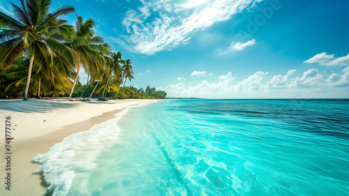 tropical beach view at sunny day with white sand, turquoise water and palm tree. Neural network generated image. Not based on any actual scene or pattern. © lucky pics