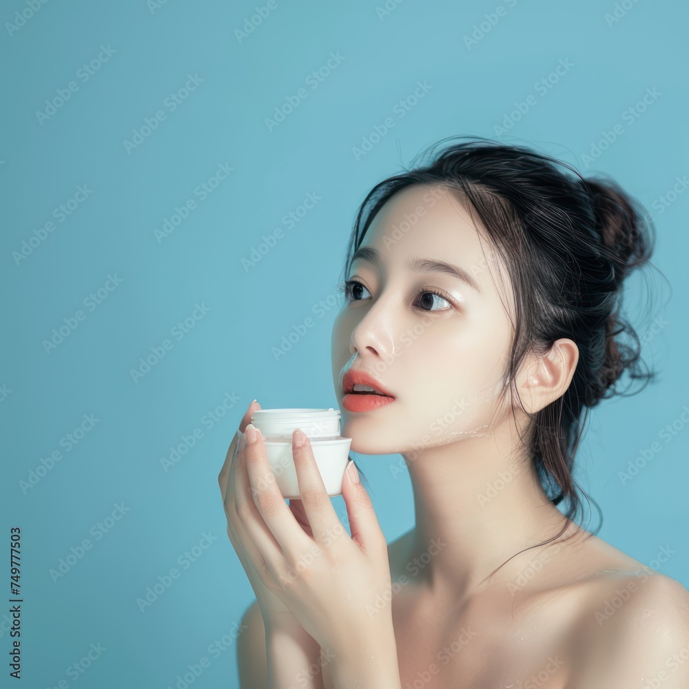 Asian beautiful woman with perfect skin holds cosmetic cream. Female beauty concept Asian beautiful woman with perfect skin holds cosmetic cream. Female beauty concept