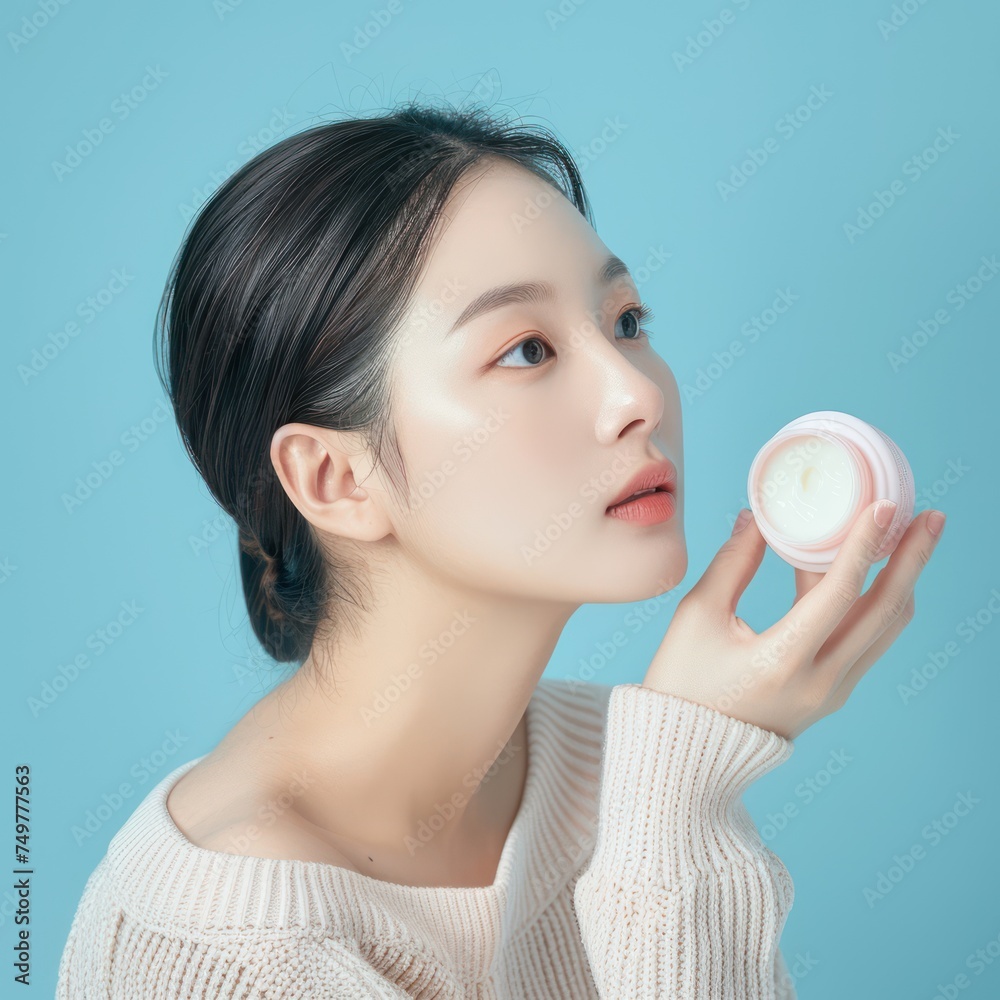 Asian beautiful woman with perfect skin holds cosmetic cream. Female beauty concept Asian beautiful woman with perfect skin holds cosmetic cream. Female beauty concept