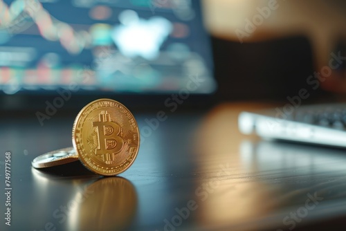 Bitcoin lying on the table against the background of a currency chart on the monitor. Modern trading