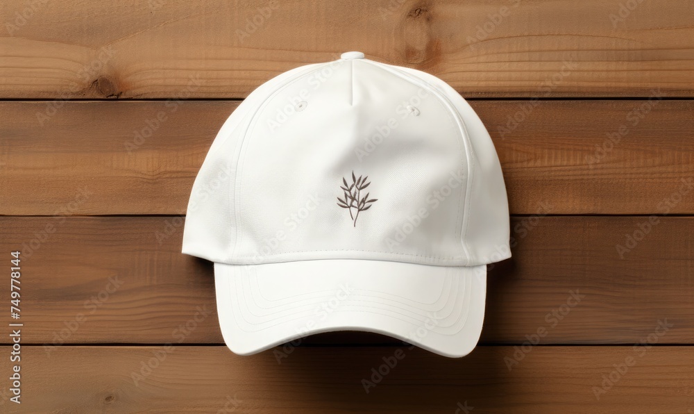 white hat mockup on wooden table