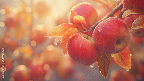 Ripe red apples on apple trees in the garden ready to be harvested With copyspace for text