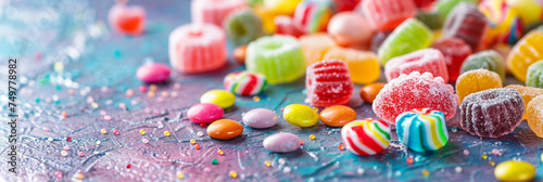 Closeup of assorted colorful candies scattered on a bright surface reminiscent of cheerful childhood memories