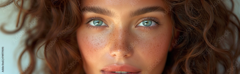 Obraz premium Model girl with shiny wavy healthy hair, curly hair and glowing, freckled skin, natural beauty, smooth skin for care, and hair and skin care products. White model girl with blue eyes.