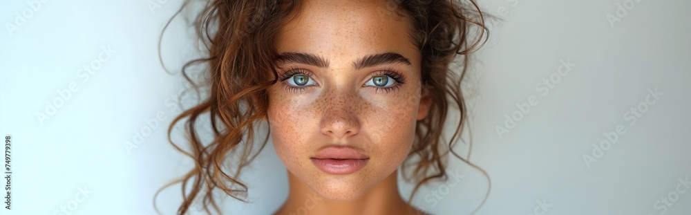 Model girl with shiny wavy healthy hair, curly hair and glowing, freckled skin, natural beauty, smooth skin for care, and hair and skin care products. White model girl with blue eyes.