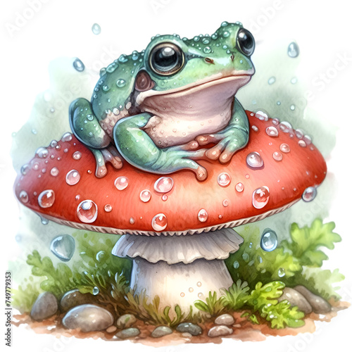 A small green frog with white eyes sits on a leaf in a forest, near a fly mushroom