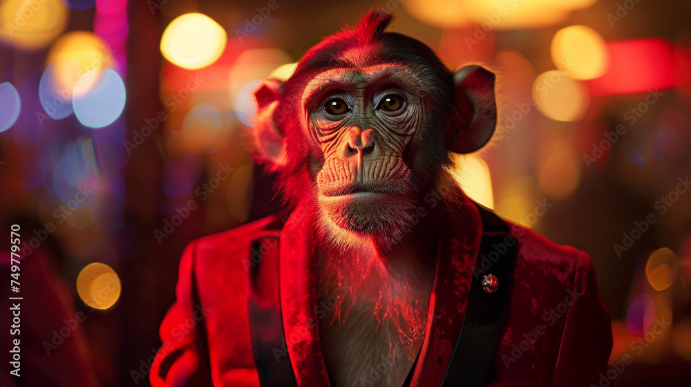 Smartly dressed monkey in red embodying playfulness and intelligence at a vibrant celebration event