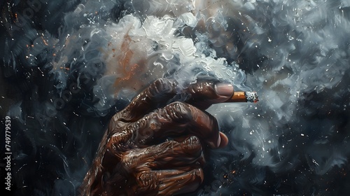 Hyper-Detailed Illustration of a Hand Holding a Cigarette in Black Smoke, Smoking Addiction mental health concept