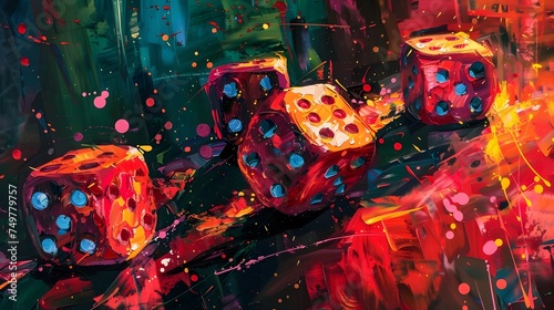 Vibrant Painting of Dices Playing a Game of Roulette in Neo-Abstract Realism Style