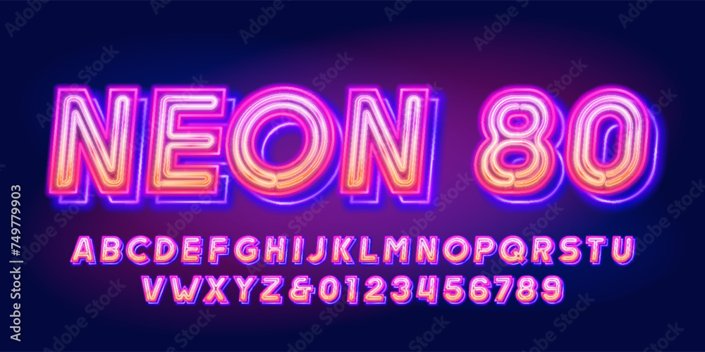 Neon 80 alphabet font. Neon color letters and numbers. Stock vector typeface for your design.