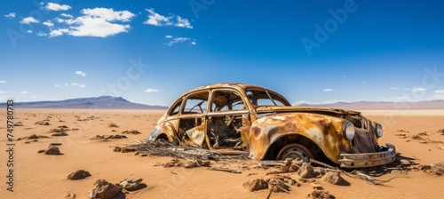 Abandoned classic rusty vintage car wreck in sahara desert for apocalyptical and forgotten concepts
