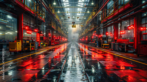 Industrial Futurism: A Futuristic Factory Interior with Blue Lights and Abstract Machinery