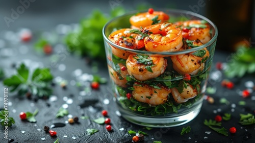Shrimp Salad in a Glass Bowl, Fresh Shrimp with Herbs and Peppers, A Colorful Shrimp Dish on a Table, Garnished Shrimp in a Clear Bowl. photo