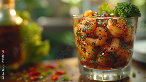Shrimp and Peppers in a Glass, A Sizzling Seafood Dish, Fresh Shrimp with Red Peppers, Seafood Delight with Peppers on the Side.