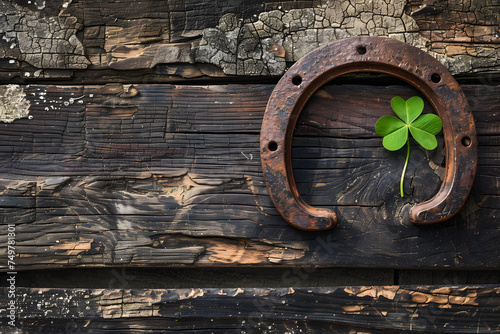 Old horse shoe with clover leaf on wooden background