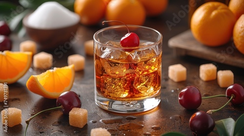Fruit-Inspired Cocktail with Cherry, Sweet and Sour Flavors in a Glass of Liquor, A Refreshing Drink with Oranges and Cherries, Cocktail with a Twist: Cherry on Top.
