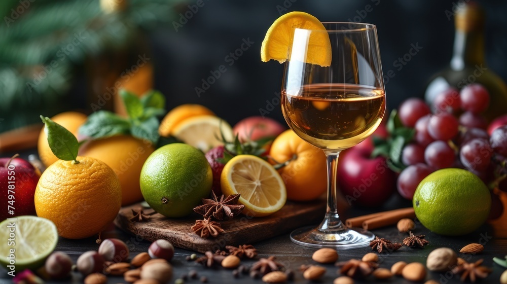 Fruit and Wine Pairing, A Glass of Wine with Fresh Fruits, Wine and Fruit Arrangement, Savor the Taste of Fresh Fruits and Wine.
