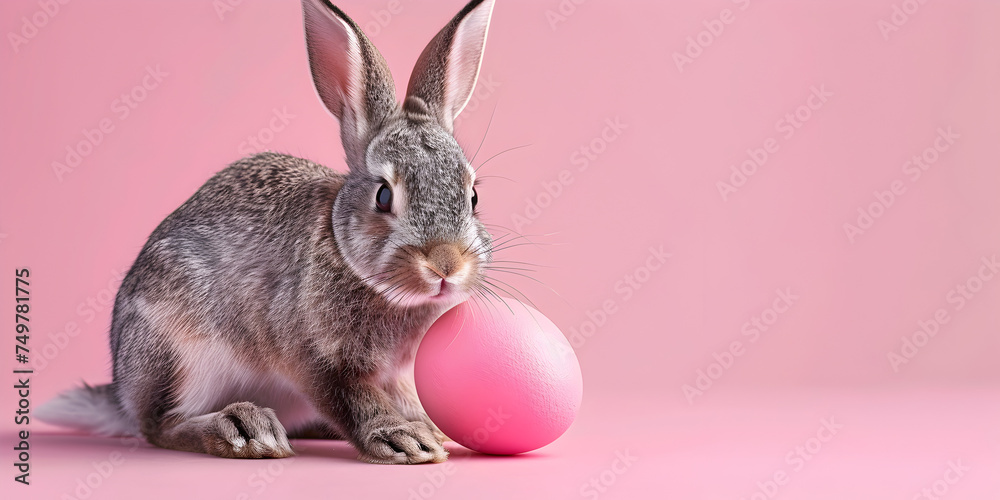 Fototapeta premium Easter Journey of a Bunny Offering Copy Space for Forest Explorations, Basket Snoozes, and Beach Basking with pink background 