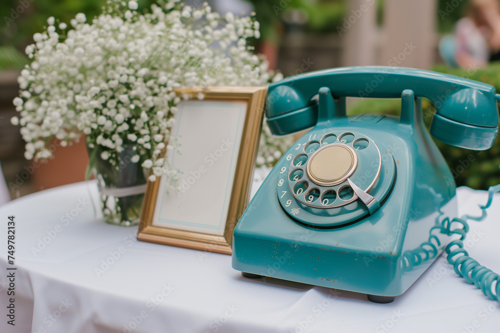 Audio guest book at wedding mockup. Teal retro rotary phone concept. - obrazy, fototapety, plakaty 