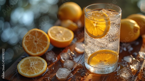 Sweet Citrus Refreshment, Fruity Drink with Lemons and Ice, Cool Glass of Lemonade, A Delightful Lemon-Infused Beverage.