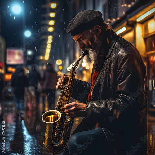 Street musician playing a saxophone.