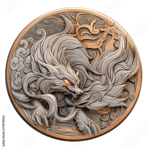 A bronze coin with an image of a white monster creature