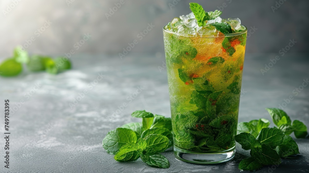 Minty Mojito, Freshly Squeezed Lemonade with Mint Leaves, Cool and Refreshing Mint Julep, A Glass of Iced Tea with a Touch of Mint. - obrazy, fototapety, plakaty 