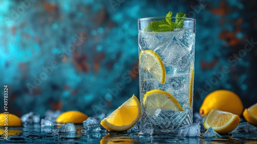 Fresh Lemonade with Mint Garnish, Sparkling Ice Water with Lemon Slices, Cool and Refreshing Lemon-Lime Drink, A Taste of Summer: Flavored Lemonade on Ice. photo