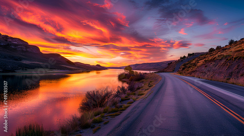 A tranquil lake reflects the vibrant hues of a fiery sunset as a winding road meanders along its shore, creating a picturesque scene of serenity and natural beauty