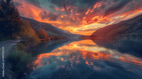 A tranquil lake reflects the vibrant hues of a fiery sunset as a winding road meanders along its shore, creating a picturesque scene of serenity and natural beauty