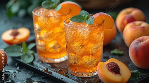 Fresh Fruit and Peach-Flavored Drinks, Peaches and Peach-Flavored Beverages, A Tasty Combination of Peaches and Drinks, Sweet Peaches and Refreshing Drinks. photo