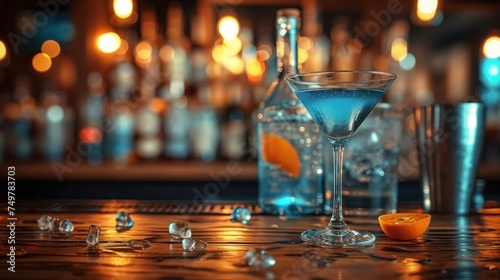 Martini Night at the Bar, A Blue Martini with a Twist of Lemon and Orange Peel, Sophisticated Drinkware on Display, The Art of Mixology: A Glass of Martini.