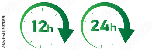 12, 24, 48, 72 hours clock arrow. symbol work time, delivery and service time, isolated green on white , Vector illustration