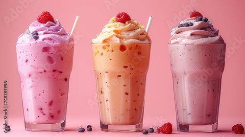 Three Delicious Fruit Smoothies  Freshly Made Fruit Milkshakes  Colorful and Tasty Desserts  Sweet Treats to Enjoy on a Pink Background.